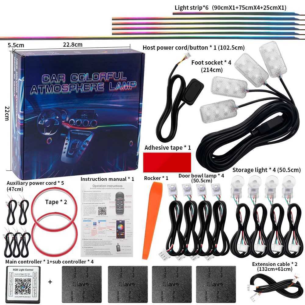 18 in 1 Dual Zone Symphony Streamer Car Ambient Light Interior LED Full Color RGB Neon Acrylic Strip Atmosphere Lighting Kit App W250524