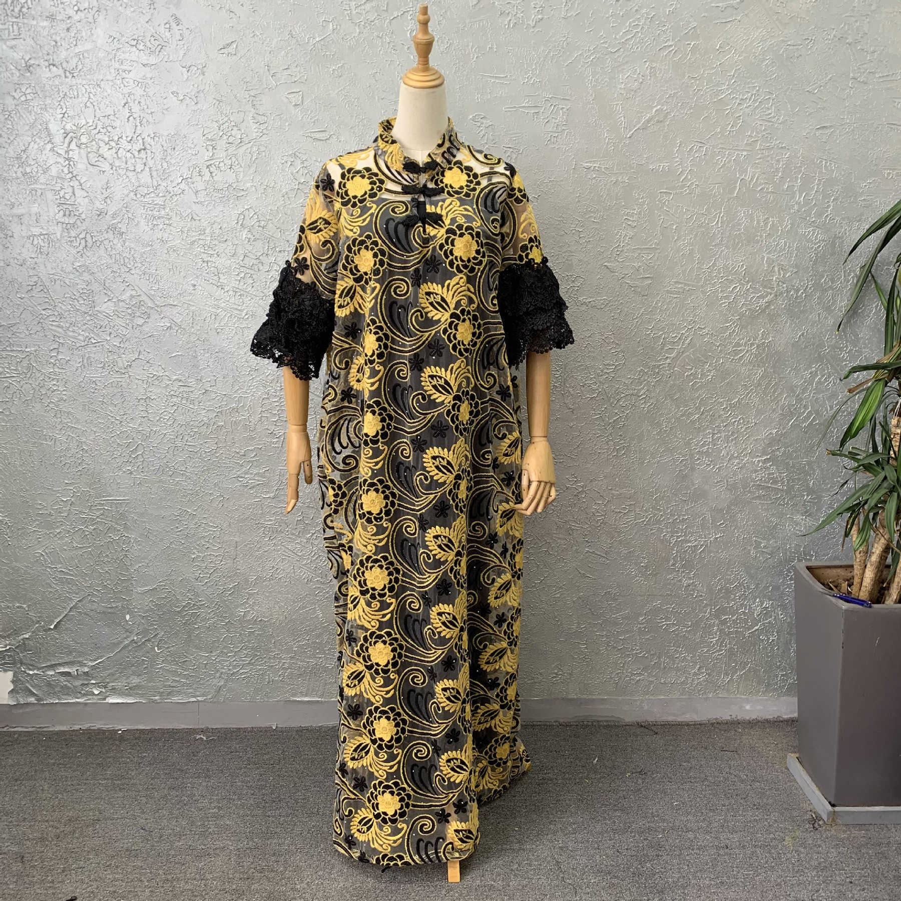 Wen Boheng Dress VONDA 3/4 Flare Sve Casual Loose Ruffle Printed Sun Skirt Collar Party Maxi Vestido Oversizd M250524