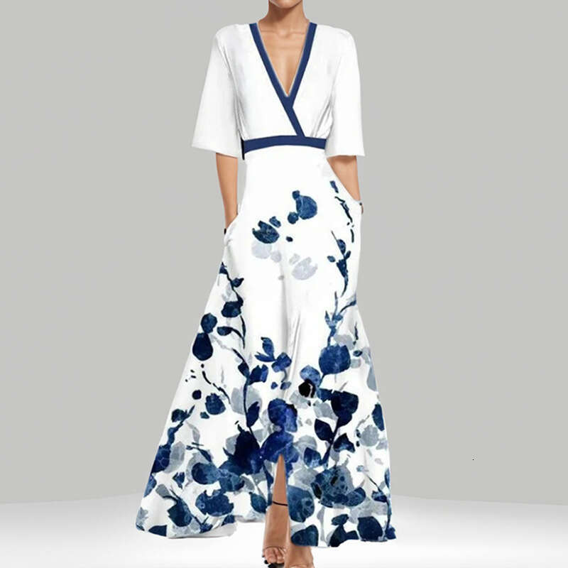 Maxi Dress New Women S Fashion Elegant Temperament V Neck Printed Pleated Skirt Long Dress Floral Dress