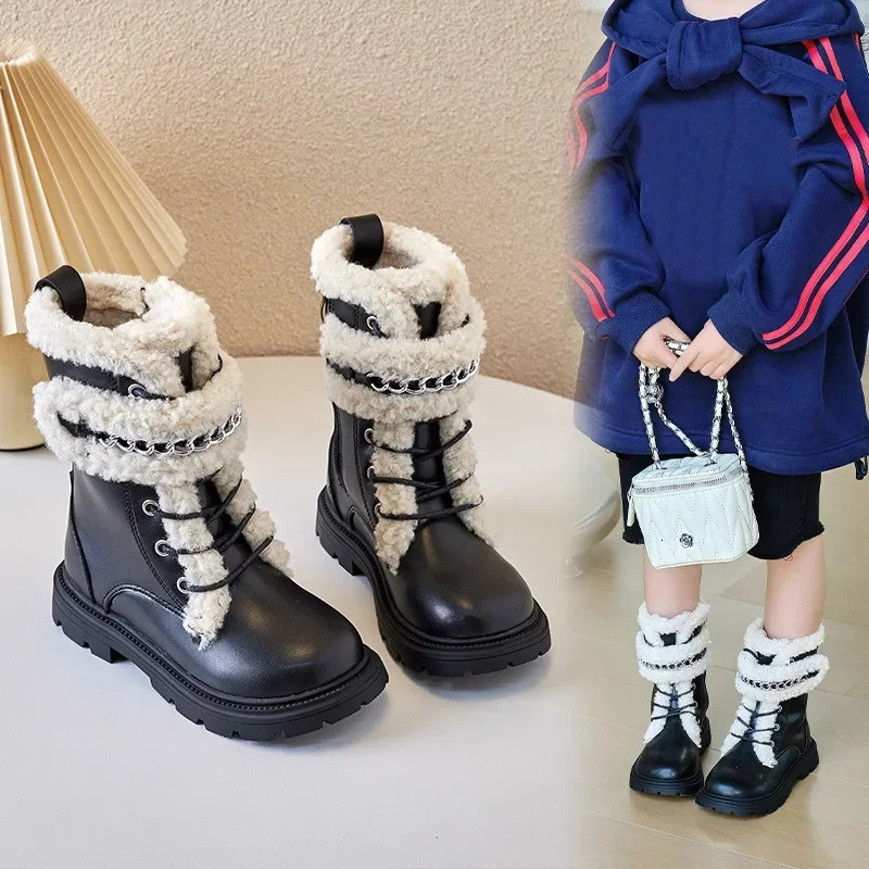 Winter Childrens Boots Elegant Versatile Girls Long Boots Matte Leather Kids Fashion Causal Cotton Boots Thick Bottom Plush 250522