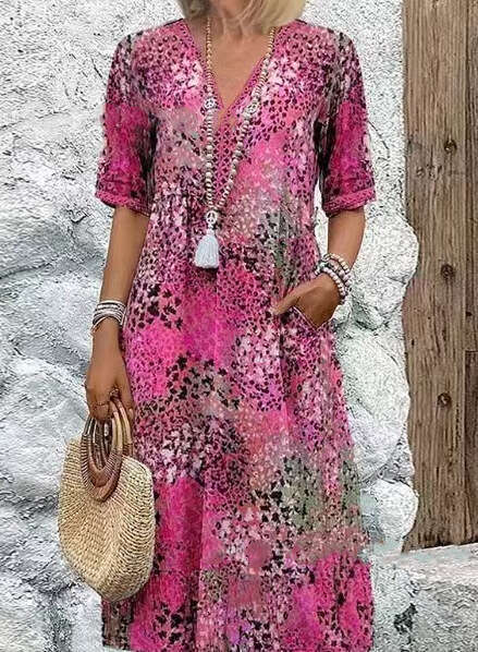 Maxi Dress Fashion New Printed Lace V Neck Short Sleeved Dress Floral Dress