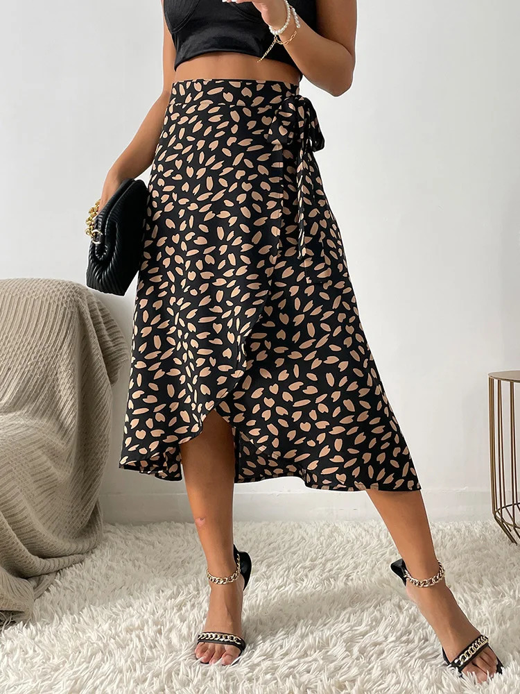 Benuynffy Boho Women Casual Print Tie Side Wrap Skirt Elegant High Waist Female Summer Asymmetrical Knee Length ALine Skirts 250516Z