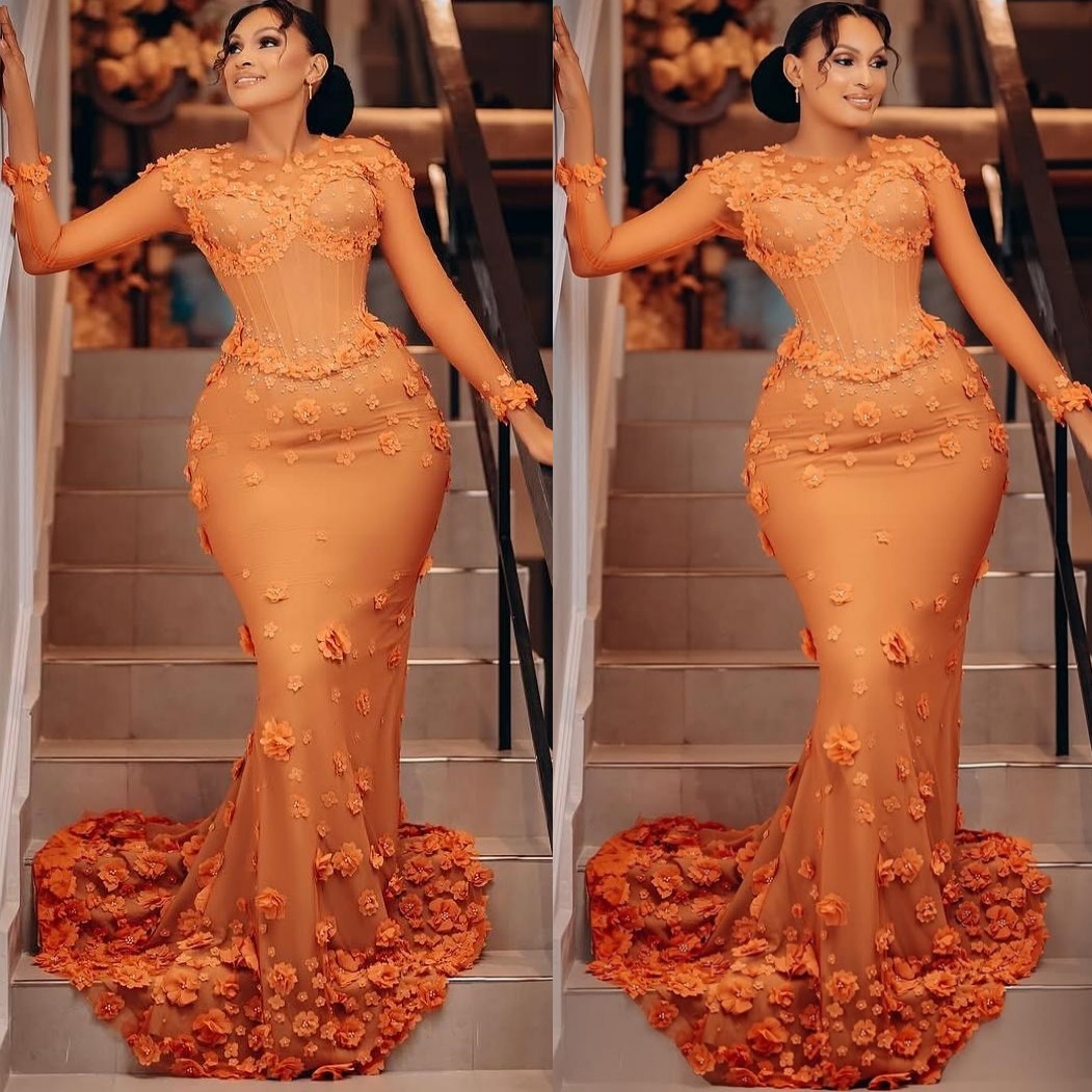 Orange Mermaid Prom Dresses 2025 Flowers Beaded Full Sleeves Evening Formal Party Second Birthday Engagement Gowns Plus Size Dress For Special Occasio