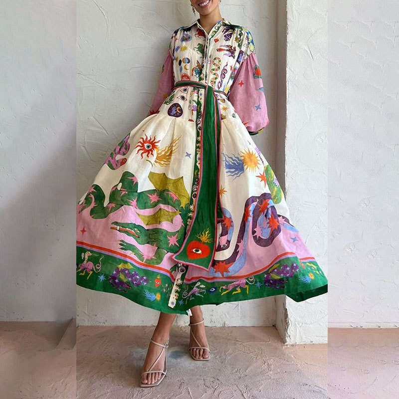 Maxi Dress Women S Casual Personalized Printed V Neck Tied Waist Long Sleeved Big Swing Dress For Women Floral Dress