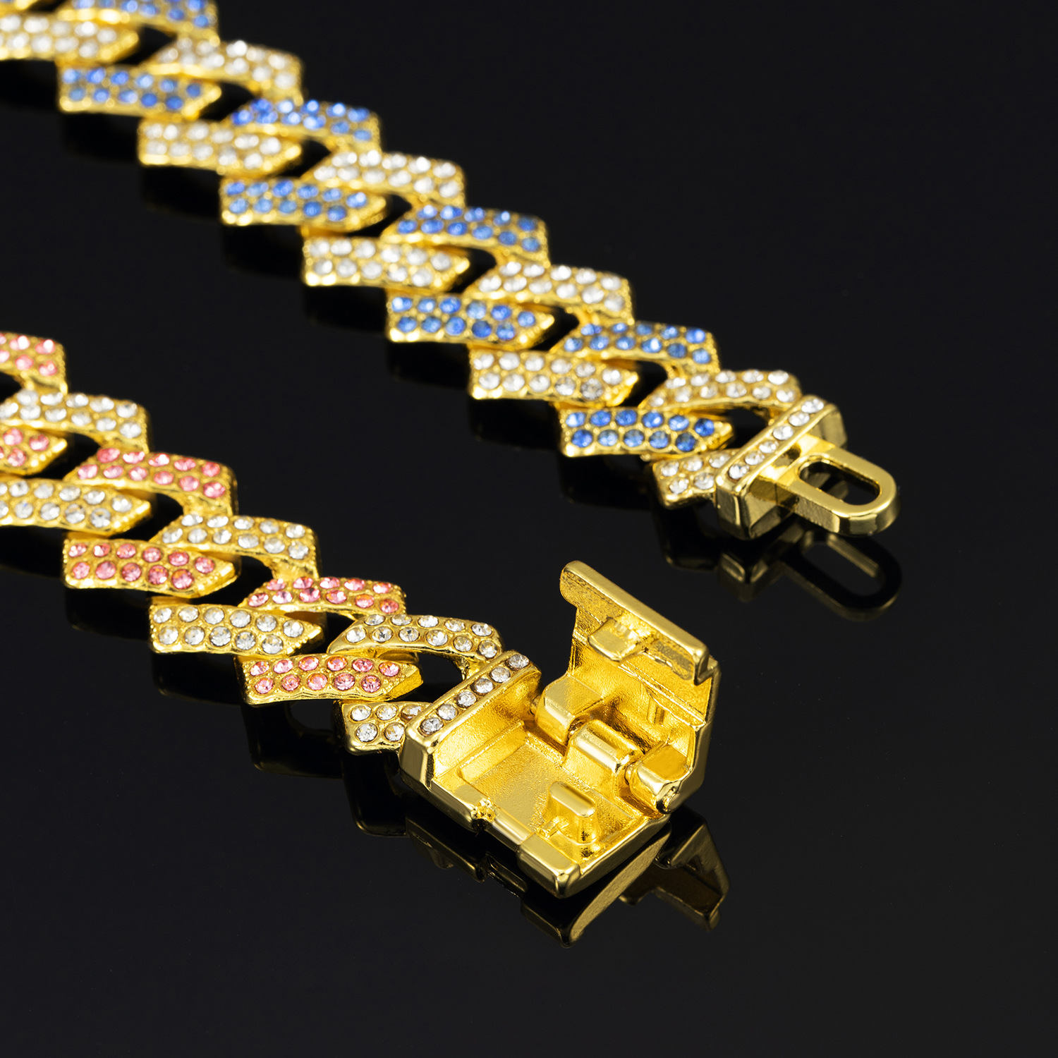 Best-Selling 15mm Rhombic Small Flip-top Cuban Chain High-quality Pink and Blue Hip-hop Necklace