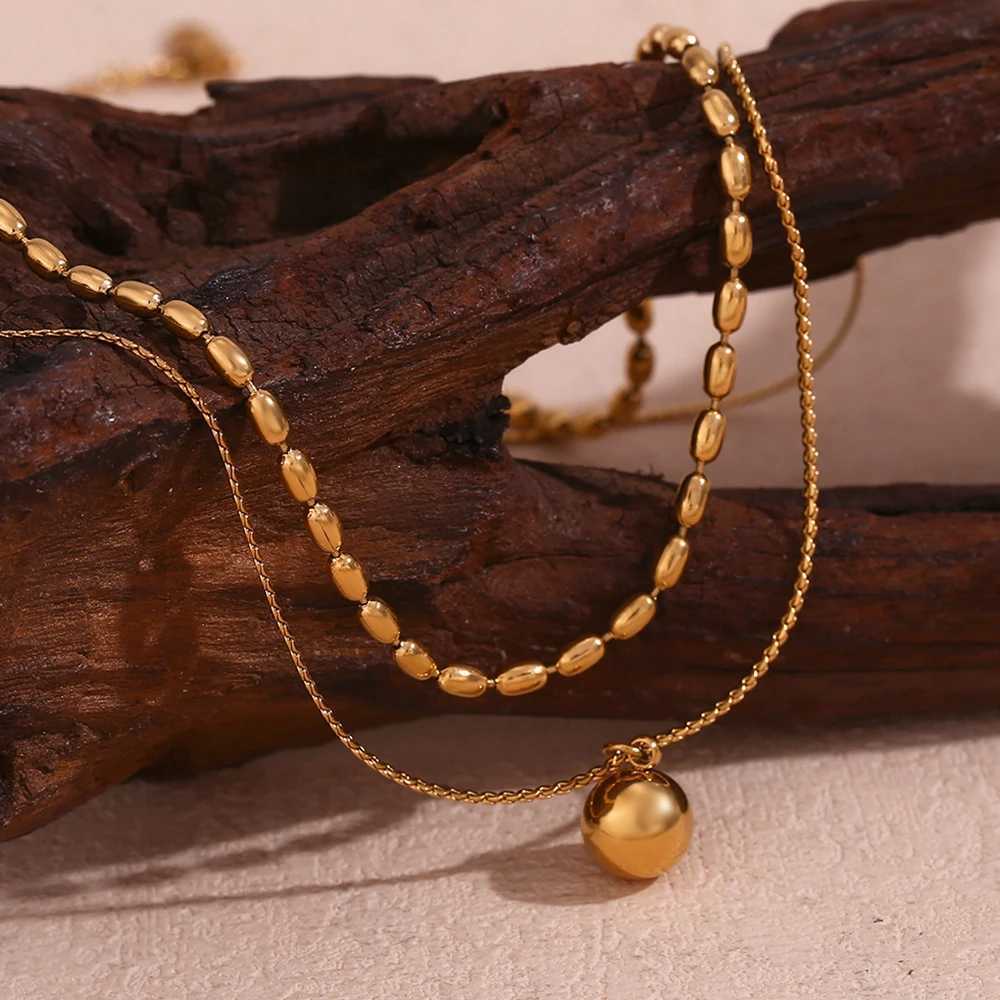 E.B.belle Simple Double-layer R bead Pendant Necklace 316L Stainl Steel Decoration 18K Gold Plated Jewelry XJ250524