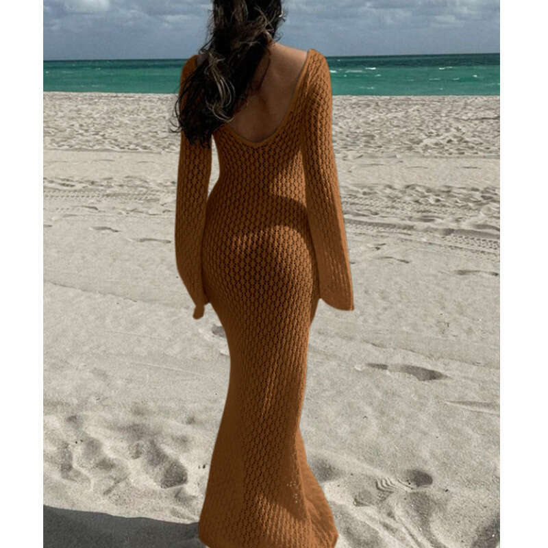 Maxi Dress New Hollowed Out Texture V Neck Round Button Sleeved Vacation Dress Beach Sunscreen Backless Long Skirt Long Dress