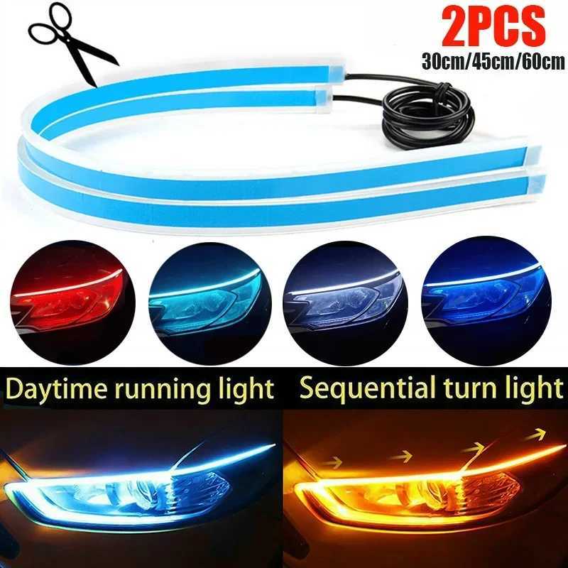2Pcs 12V Led Guide Strip Headlight for Car Daytime Running Lights Turn Signal Bulb DRL Sequential Switchback 30cm/45cm/60cm W250524