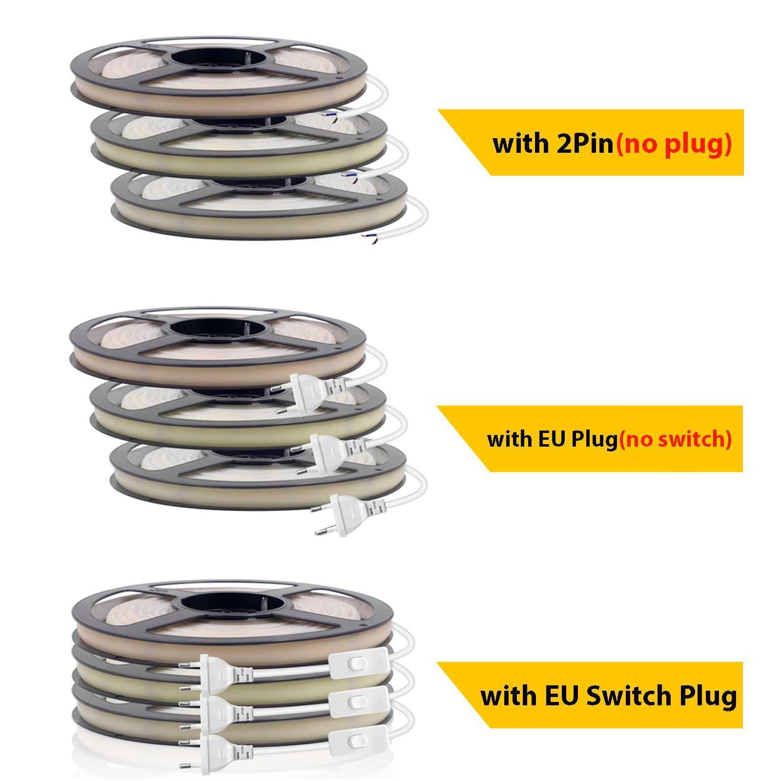 220V Adhesive COB LED Strip Light Built-in IC 240LEDs/M Flexible Ribbon IP65 Waterproof Neon Strip Tape With EU Plug Switch/2Pin W250524