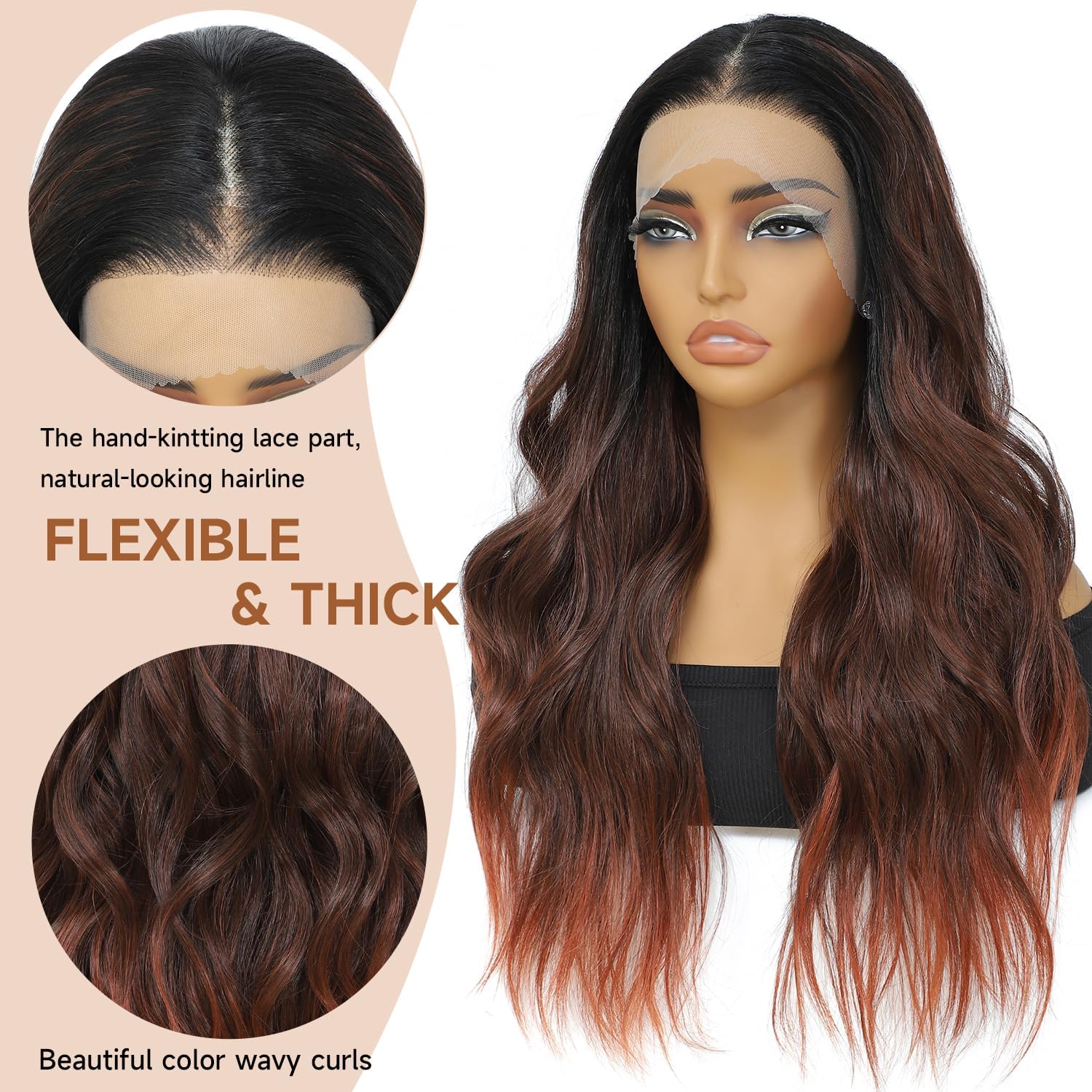 26 inch T-part lace wig synthetic heat-resistant wig | 13x4x1 synthetic lace front wig | long wave wig for women