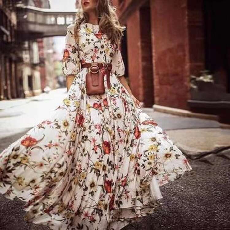 Maxi Dress Printed Long Skirt French Commuting Style Large Swing Round Neck Floral Dress Floral Dress