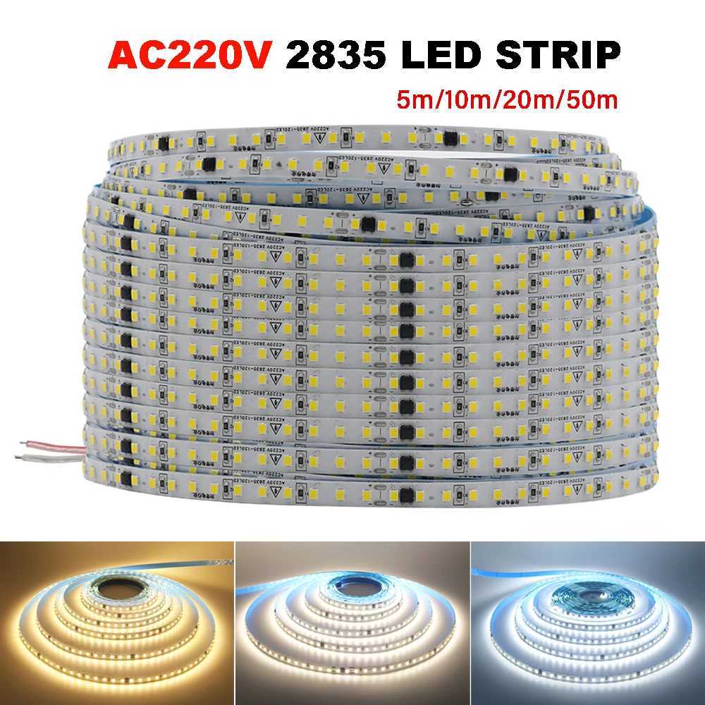 5m 10m 20m 50m 220V LED Strip Light SMD 2835 120LEDs/m 8mm Flexible and Cuttable Home Lamp Adhesive Tape Warm/Natural/Cool White W250524
