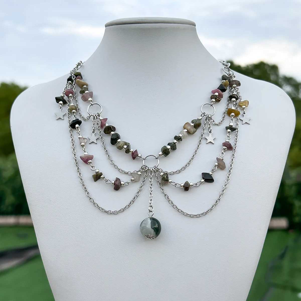 Lacteo Y2K Natural Stone Beads Pendant Necklace for Women Round Ball Tassel Choker Jewelry Collar Neck Chain Girls 2024 Party XJ250524