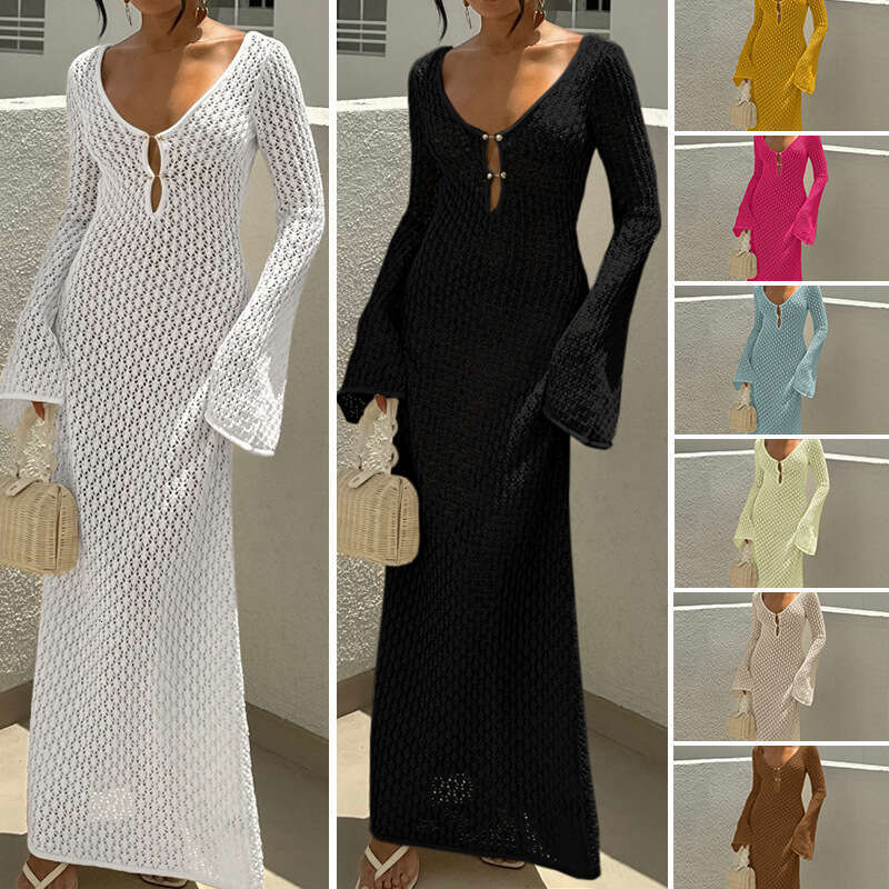 Maxi Dress New Hollowed Out Texture V Neck Round Button Sleeved Vacation Dress Beach Sunscreen Backless Long Skirt Long Dress