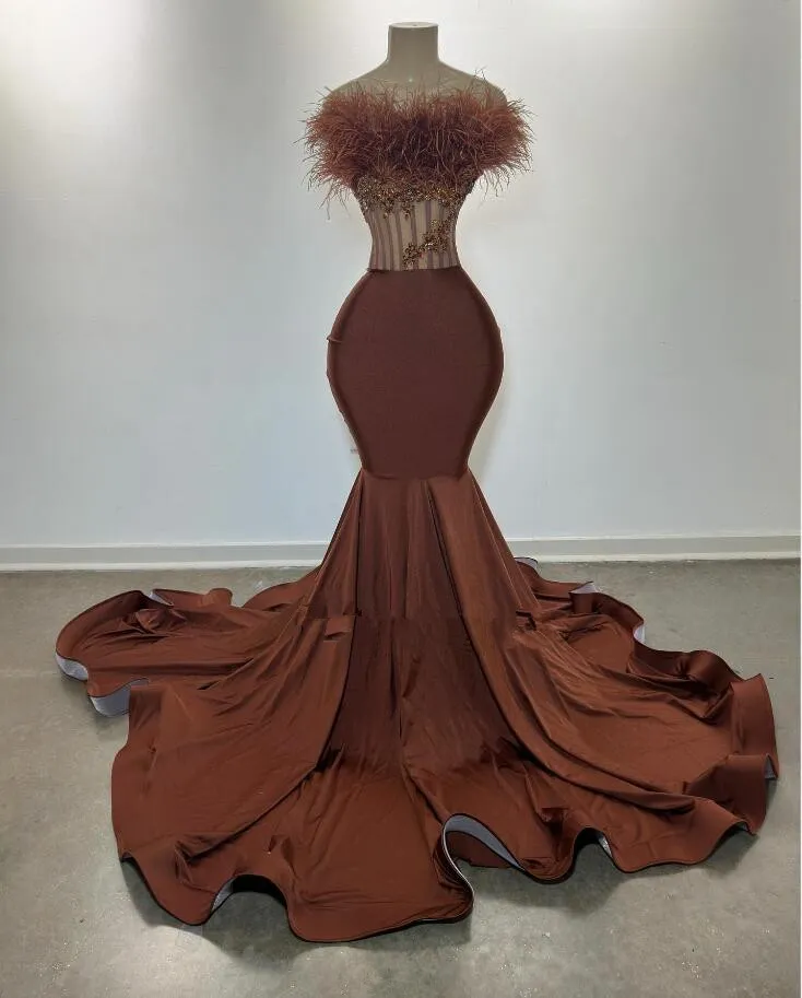 Chocolate Mermaid Prom Dresses 2025 Feather Lace Satin Elegant Evening Formal Party Second Birthday Engagement Gowns Plus Size Dress For Special Occas