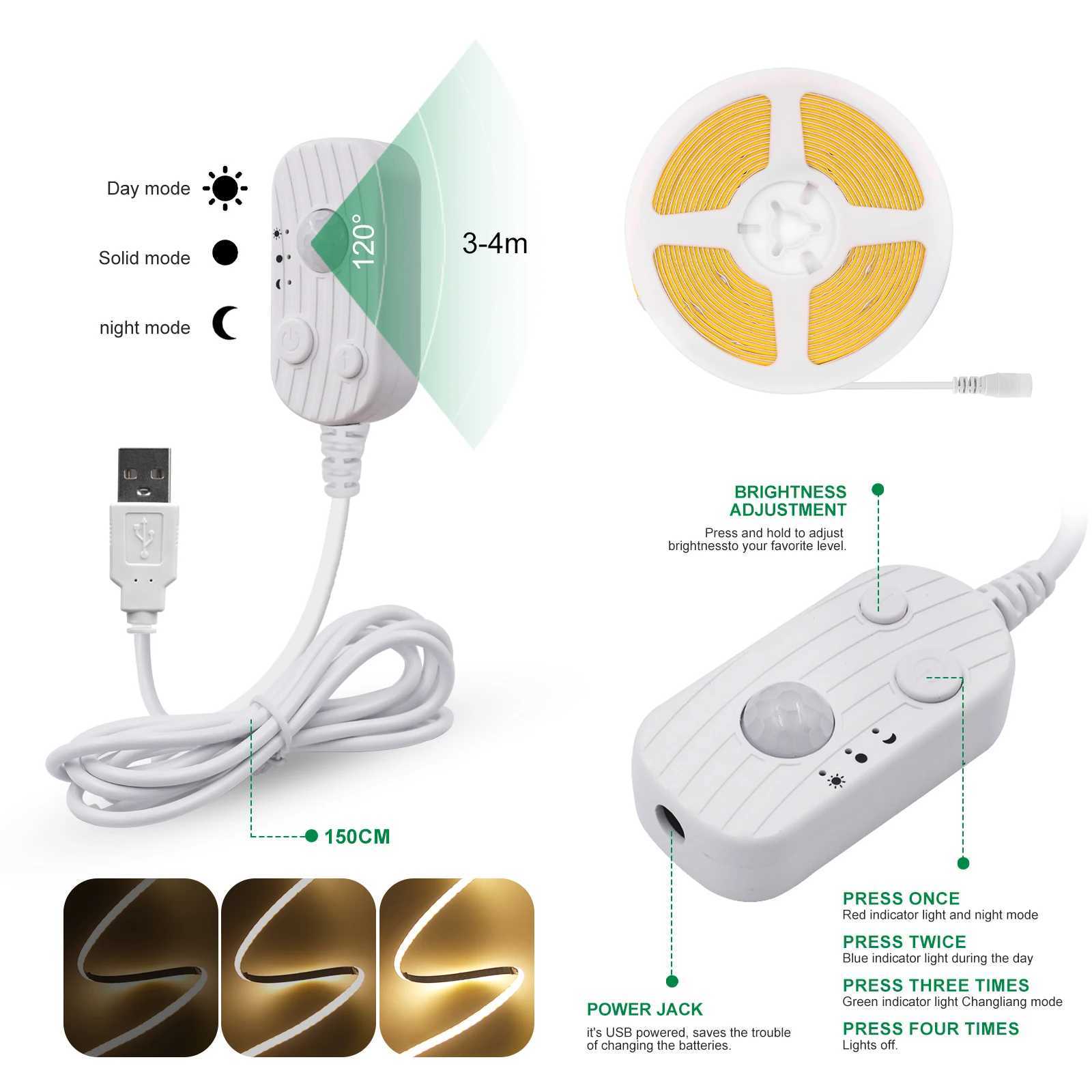 LED COB Light Strip Motion Sensor Flexible Diode Tape 3mm 5V USB Linear Indoor Lighting Lamp Room DIY TV Mirror Backlight W250524