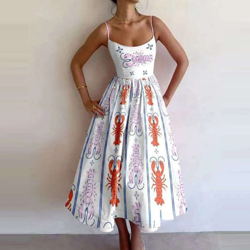 Maxi Dress Spring New Women S Style Printed Folded Waist Strap Dress Floral Dress