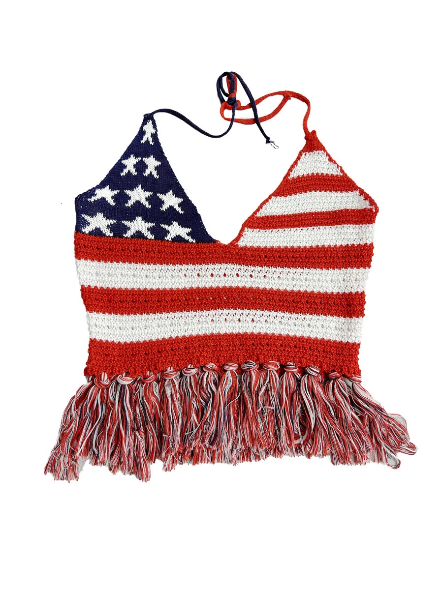 Women's Halter Crop Cami Tops Sleeveless Stars and Stripes Print Knit Camisole Fourth of July Shirts 250519CJ