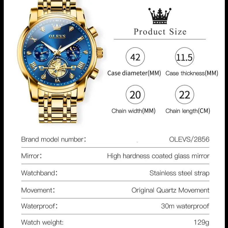 OLEVS Mens Watches Classic Multifunctional Flywheel Stainless steel Waterproof Moon Phase Mens Wristwatches 2024 Trend 250603