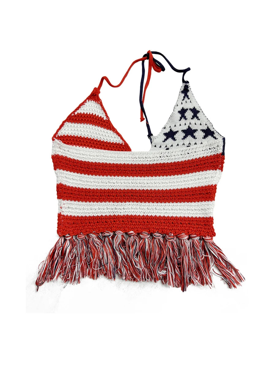 Women's Halter Crop Cami Tops Sleeveless Stars and Stripes Print Knit Camisole Fourth of July Shirts 250519CJ