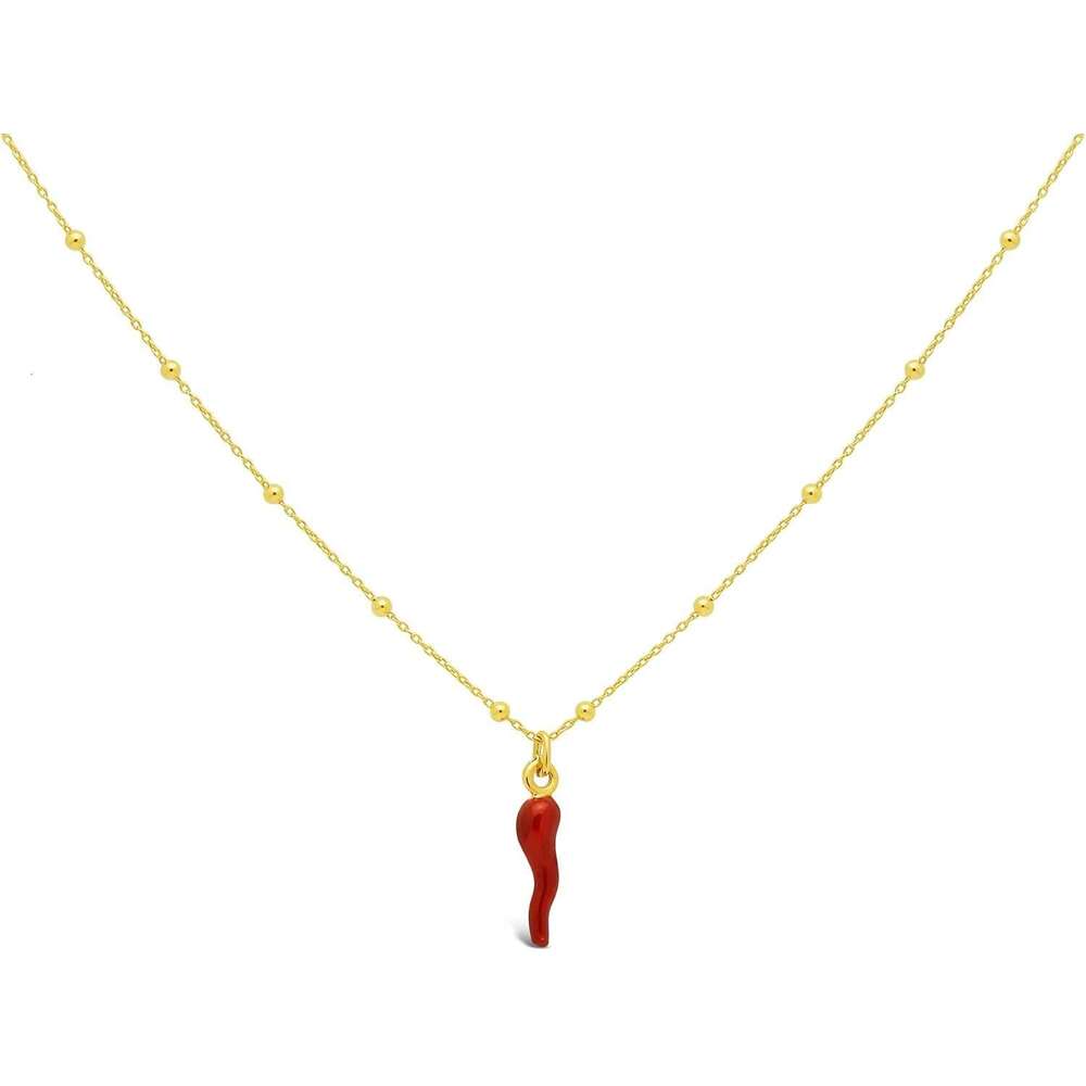 FRONAY Italian Red Horn Necklace -14k Gold and Sier Plated Cornicello Good Luck Pendant