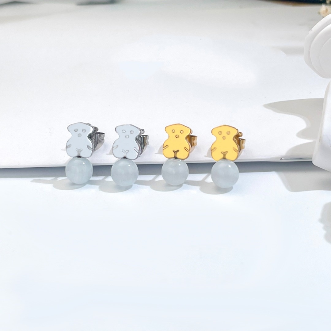 Fashion Women Men Girls Bear Silver Gold Stainless Steel White Pink Green Pearl Heart Cartoon Animal Span Stud Earrings Jewelry