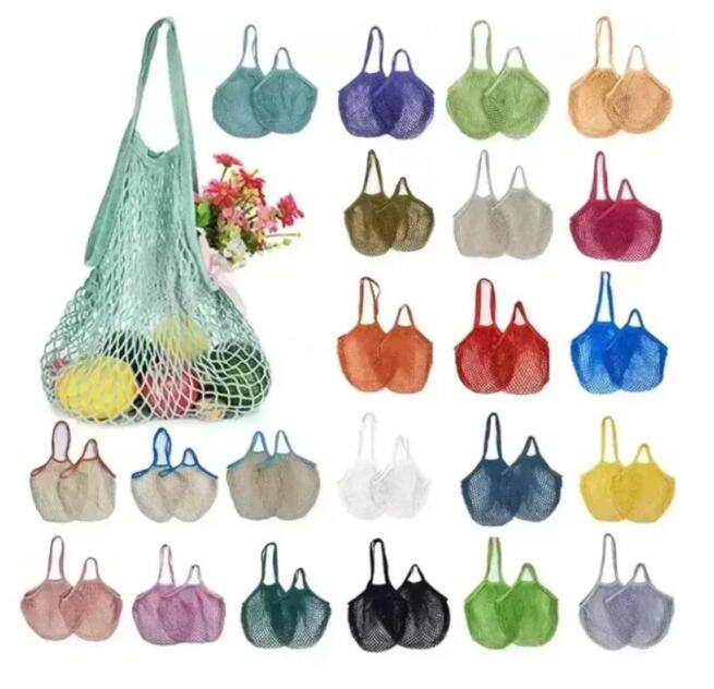 Mesh Bags Washable Reusable Cotton Grocery Net String Shopping Bag Eco Market Tote for Fruit Vegetable Portable short and long handles Wholesale Z 5.2