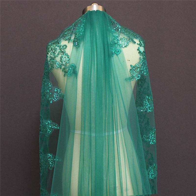 Modern Green Sequins Wedding Veil One Layer Long Cathedral Veils Appliques Edge With Comb Customized Bridal Accessories