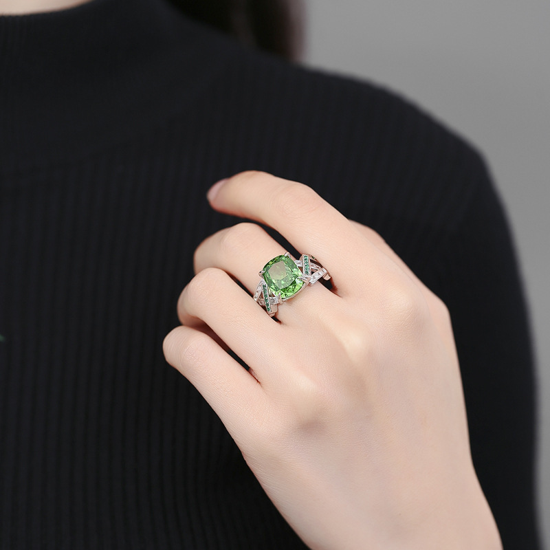 S925 Sterling Silver High Carbon Diamond Green Gemstone Adjustable Ring with Ice Flower Cut for Women