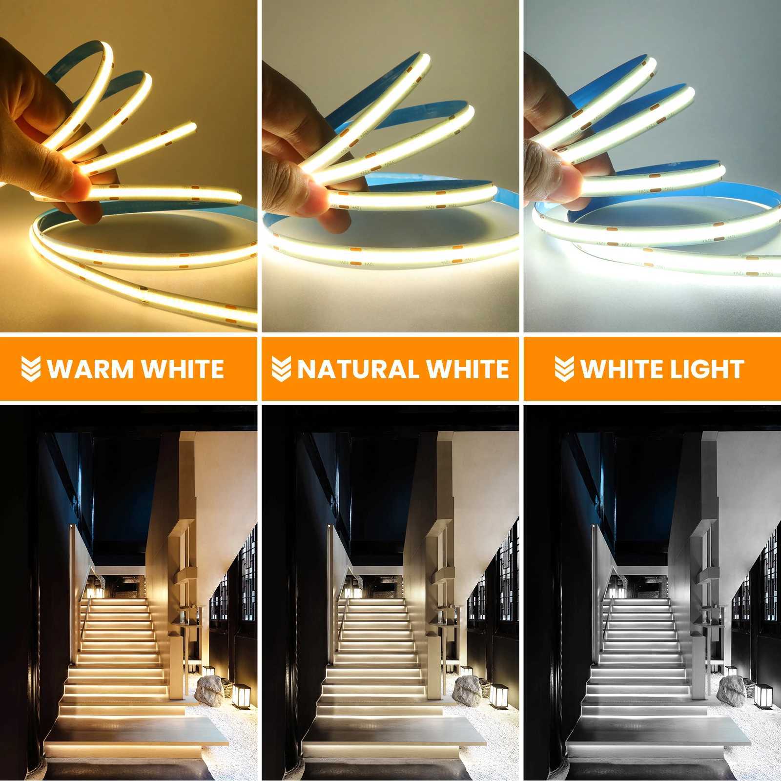 DC 12V 24V COB Strip 480 384 320 528Leds/M High Density RA90 White 3000K 4000K 6000K IP21 Flexible Ribbon Rope LED Light W250524
