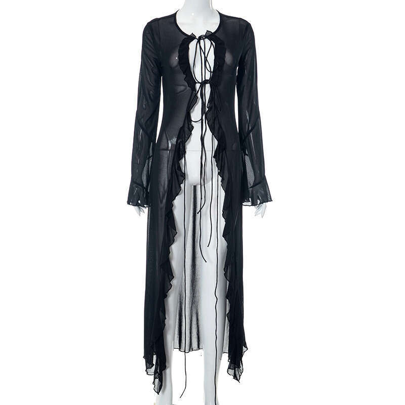 Maxi Dress M DS Women S Summer New Mesh Cardigan Wooden Ear Edge Beach Sexy Dress Long Dress