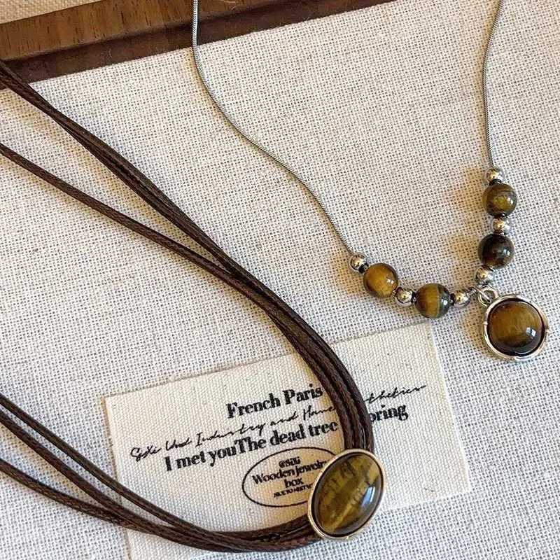 Vintage Tiger Eye Stone Round Bead Leather Rope Pendant Necklace for Women Jewelry Accories XJ250524