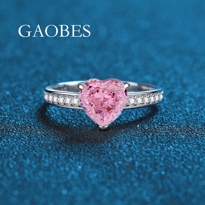 925 Sterling Silver Heart-Shaped Pink Diamond Ring with Blue and White Diamonds, Full Diamond Design, Elegant Luxury Engagement Ring for Women