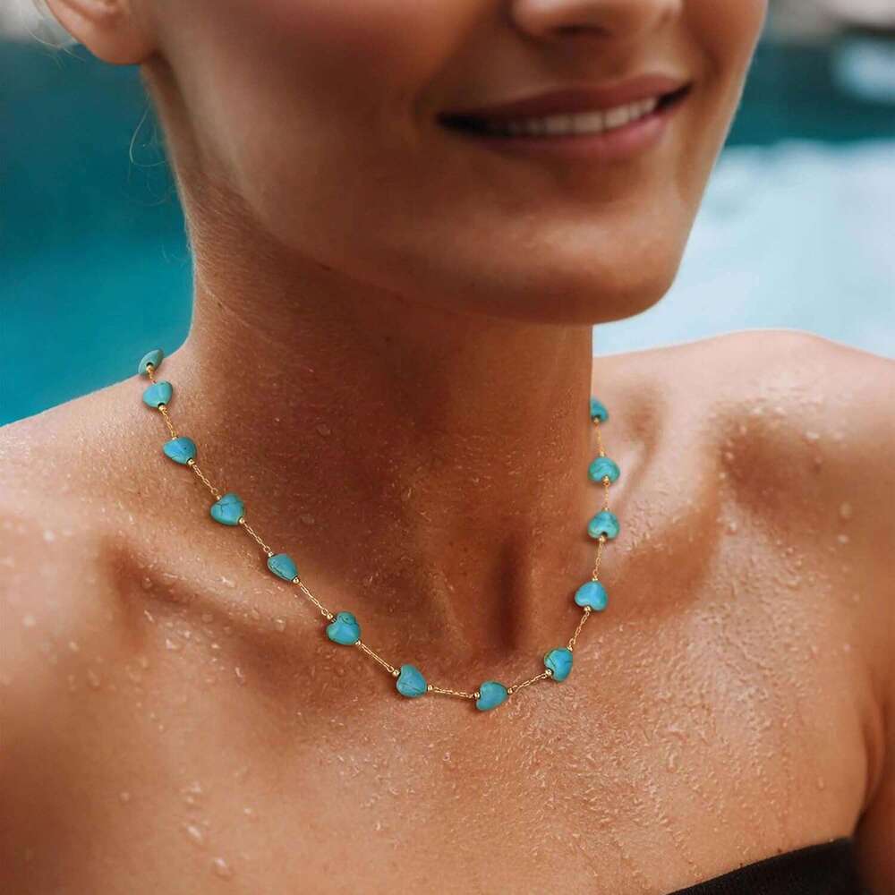 Women's turquoise 14K gold-plated bead heart-shaped Bohemian necklace handmade beach daily gold jewelry gift