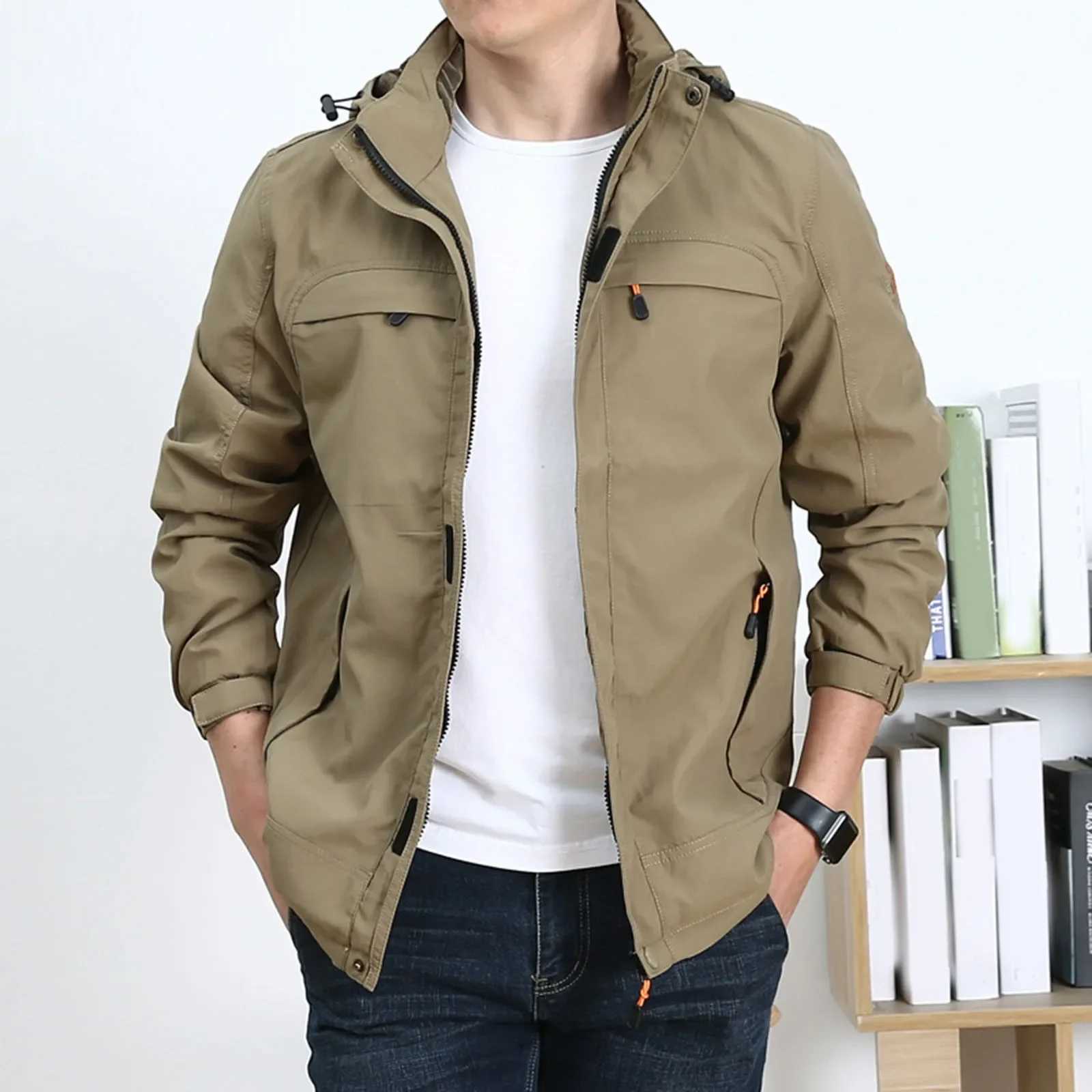 Mens Medium Long Cotton Jacket Leisure Pocket Washed Cotton Tooling Cotton Jacket Outdoor Windproof Solid Color Simple Jacket W250524