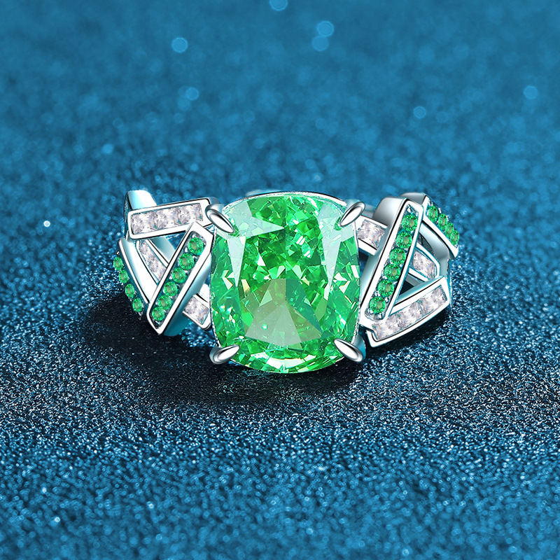 S925 Sterling Silver High Carbon Diamond Green Gemstone Adjustable Ring with Ice Flower Cut for Women