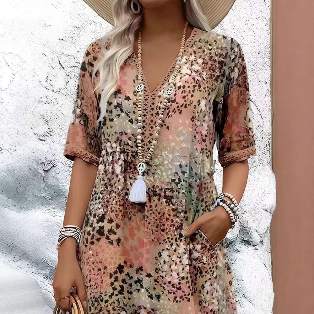 Maxi Dress Fashion New Printed Lace V Neck Short Sleeved Dress Floral Dress