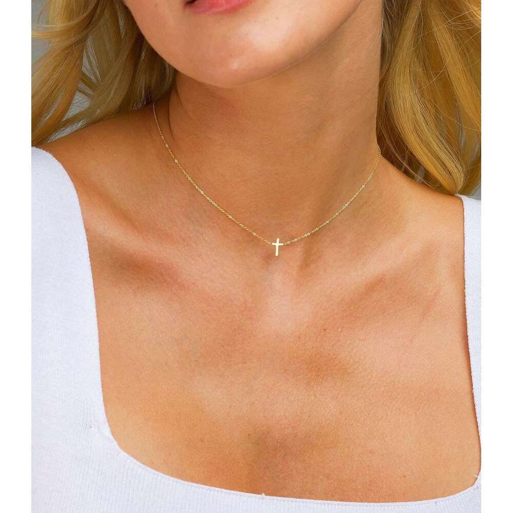 Ladies' exquisite necklace 14k gold-plated small pendant simple ladies' cute cross necklace, fashionable gold jewelry gift