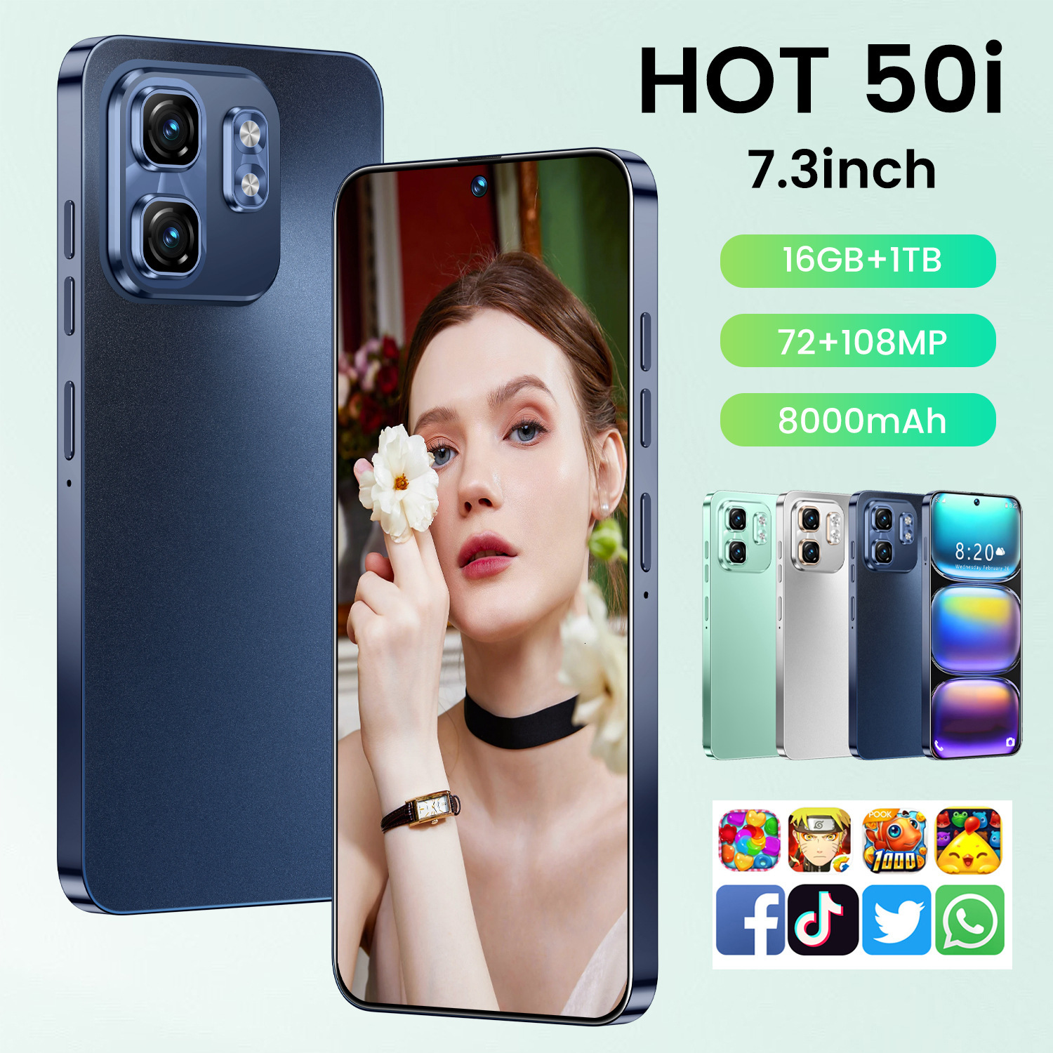 HOT50i Large Screen Smartphone - 7.3-Inch Perforated Display with Android 13 & 5G Support