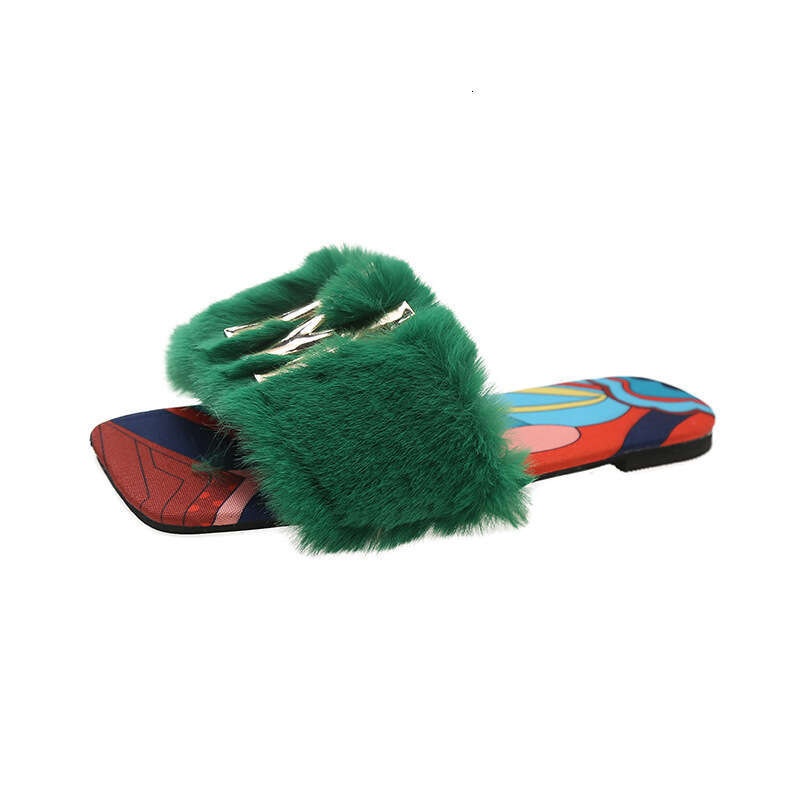 35-43 Large Hairy Slippers For Women's Summer Outerwear Fashion Sandals 2025 New Square Head Flat Slippers Designer Sandals