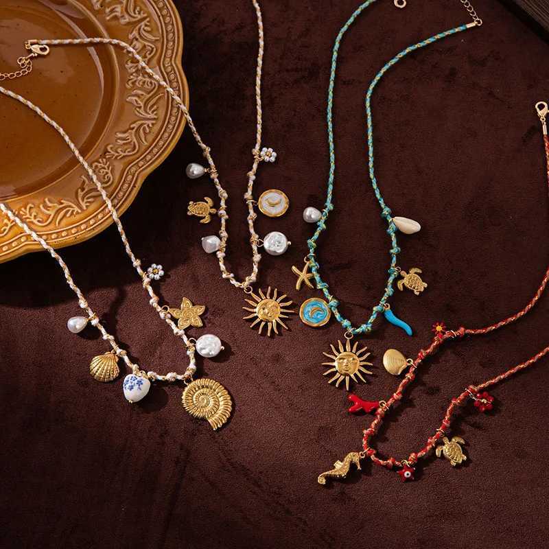 Bohemian Ethnic Pendants Necklaces Stainl Steel Shell Sun DIY Knotting Rope Chain Necklace for Women Beach Vacation Jewelry XJ250524