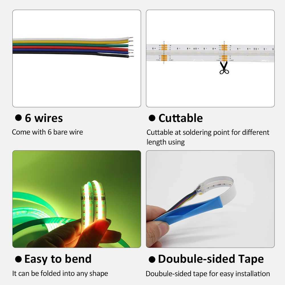 5M RGBCCT COB LED Strip Light DC 24V 840LEDs/m RGB CCT Dotless Flexible FCOB LED Tape Ribbon Lamp for Room Decoration Lighting W250524