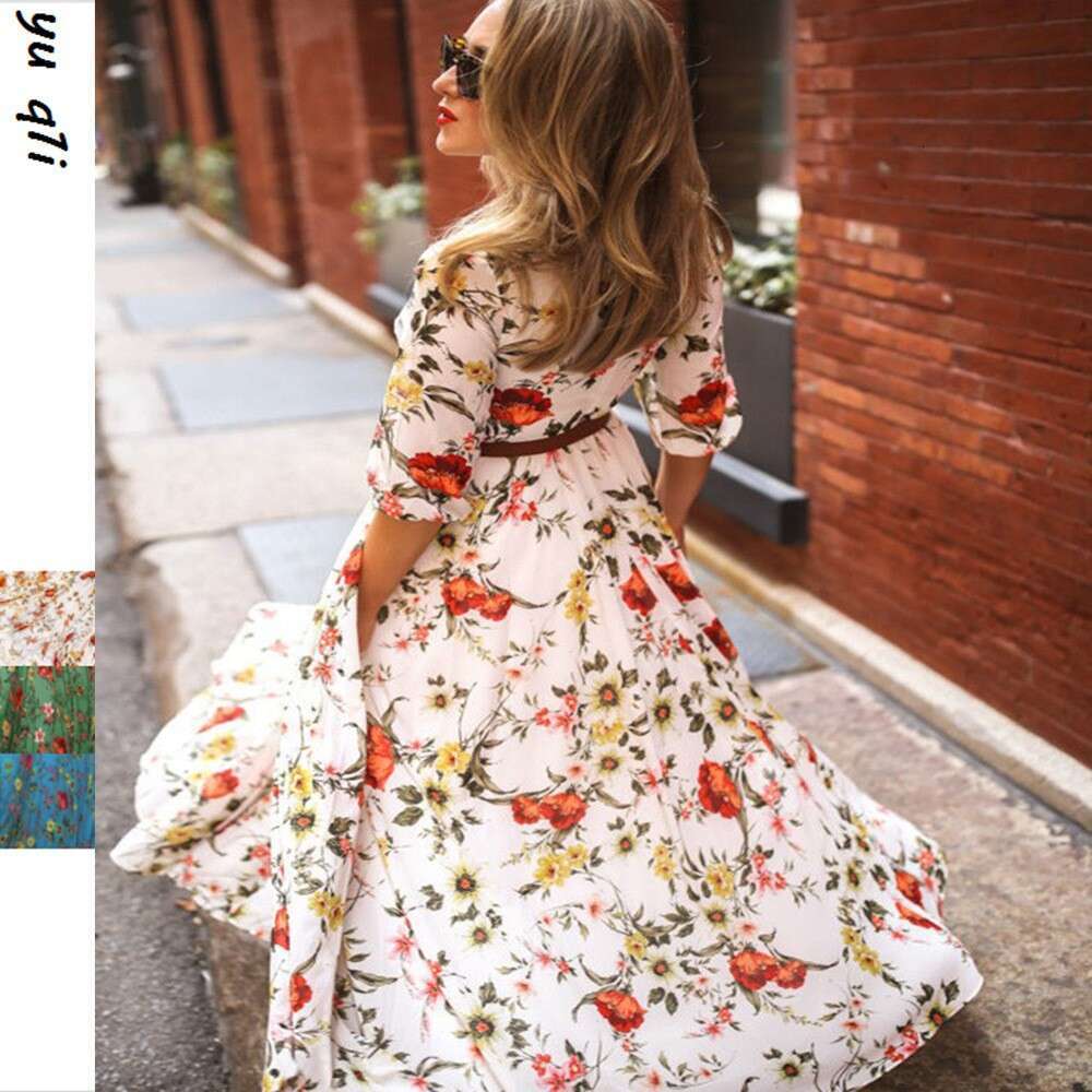 Maxi Dress Spring Autumn New With Digital Printing And Dazzling Style Fragmented Flower Slimming Long Dress Floral Dress