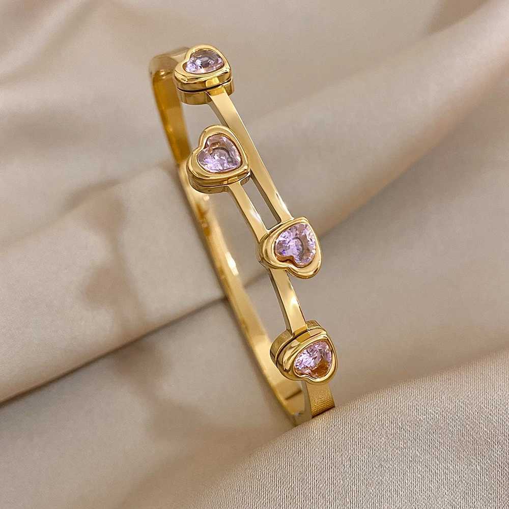 Greater Romantic Cubic Zirconia Heart Stainless Steel Bangles Bracelets for Women Gold Plated Jewelry Valentines Day Gift XJ250524