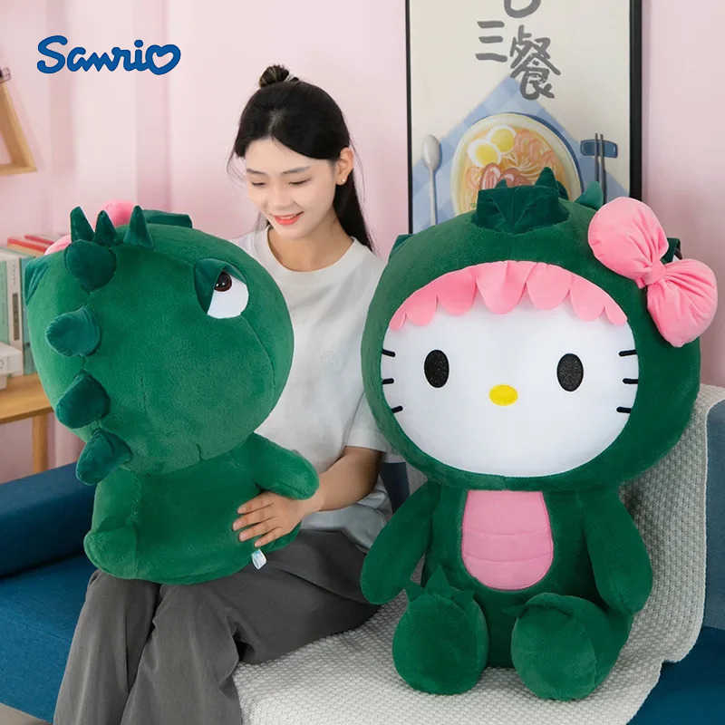 Sanrio 35/50/65cm Sanrio Kawaii Hello Kitty Dinosaur Plush Toy Cartoon Doll Room Decoration Sleeping Throw Pillow Kids Birthday Giftw250524