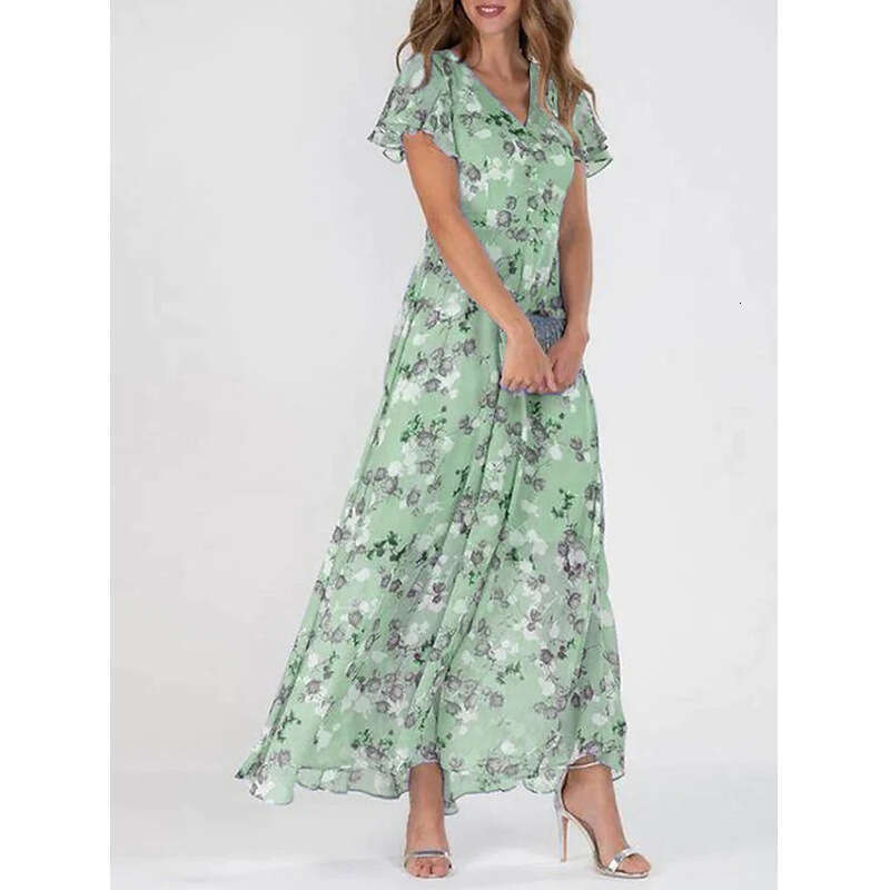 Maxi Dress New Beach Flare Long Skirt Chiffon Fragmented Flower Short Sleeve Ruffle Edge V Neck Fashion Waist Closing Dress Long Dress