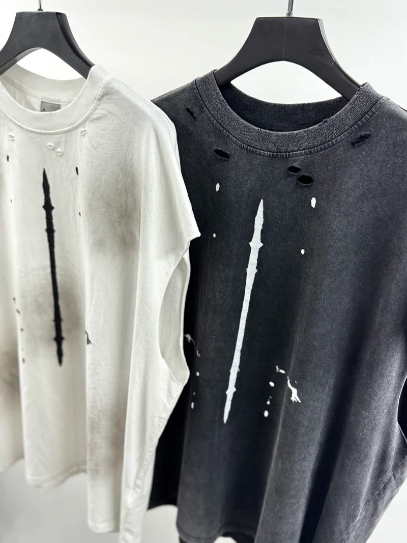 Splash-ink Hole Damaged Tank Tops Vest Men Women High Quality Hip Hop High Street Men's Sleeveless T-shirt Oversized