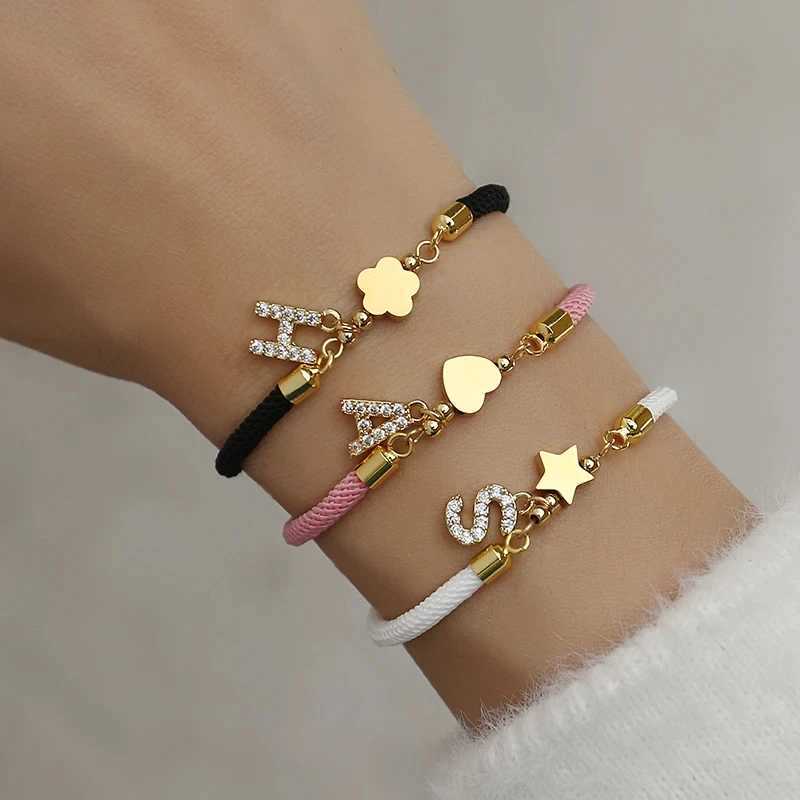 Trendy Pave Cubic A-Z Initial Letter Women Bracelet Star Heart Flower Adjustable Rope Bracelet For Women Jewelry Gift XJ250524