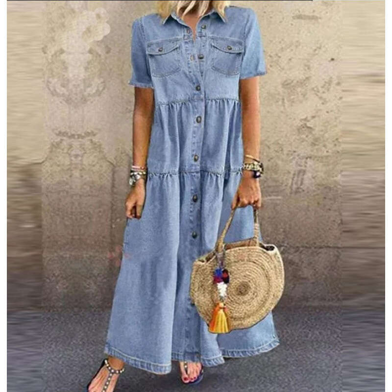 Maxi Dress Quick Selling Outong Denim Style Long Multi Button Vintage Dress Floral Dress