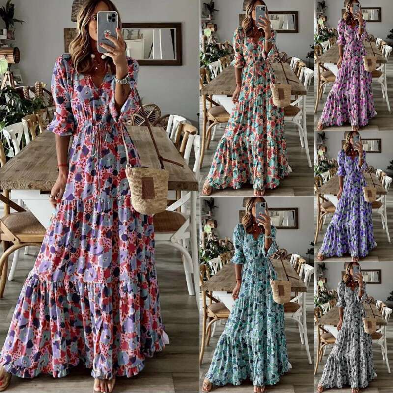 Maxi Dress TEMU Summer New Women S Elegant Vacation V Neck Printed Large Swing Long Dress Floral Dress